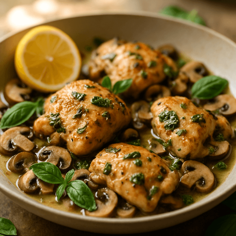 Lemon Garlic Basil Chicken Thighs with Mushrooms