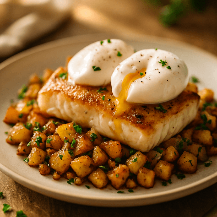Pan-Seared Cod with Herbed Potato Hash and Poached Eggs image
