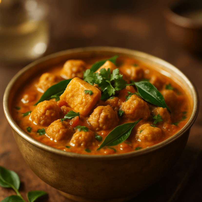 Spiced Paneer and Soya Chunk Curry with Curry Leaves