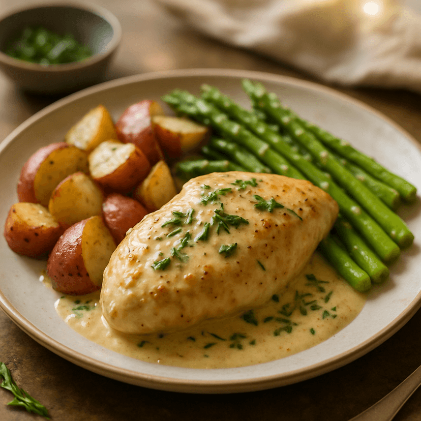 Creamy Garlic Tarragon Chicken with Potatoes & Asparagus