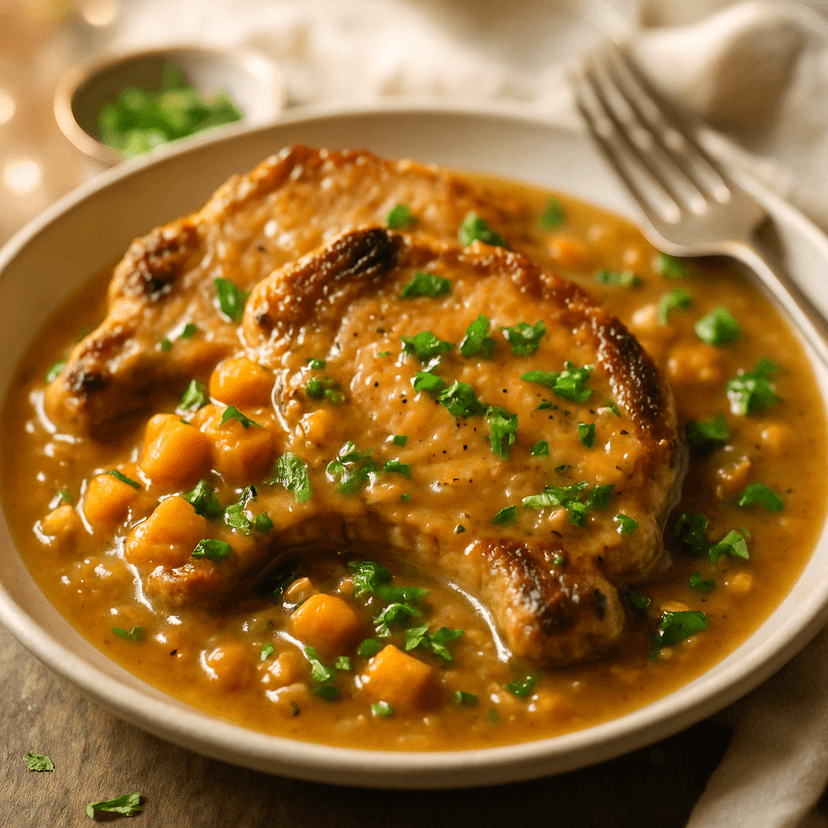 Pork Chops with Peach Basil Brown Sugar Gravy