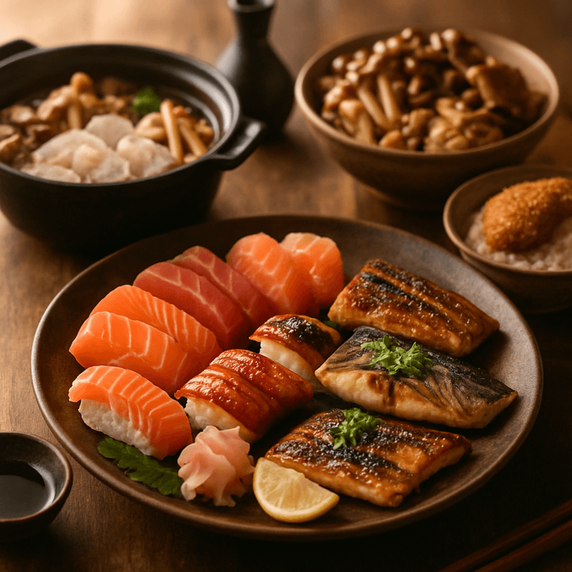 Traditional Japanese Fish Platter with Mushrooms