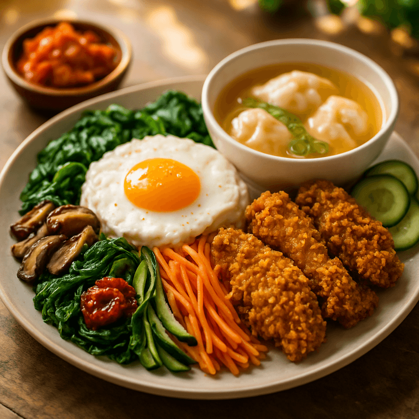 Korean Fusion Platter with Bibimbap, Spicy Tetiboke Chicken & Prawn Dim Sum Soup