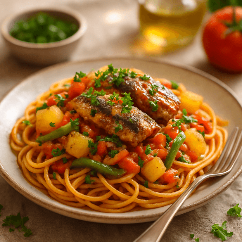 Spaghetti with Pilchard Tomato Sauce and Veggies