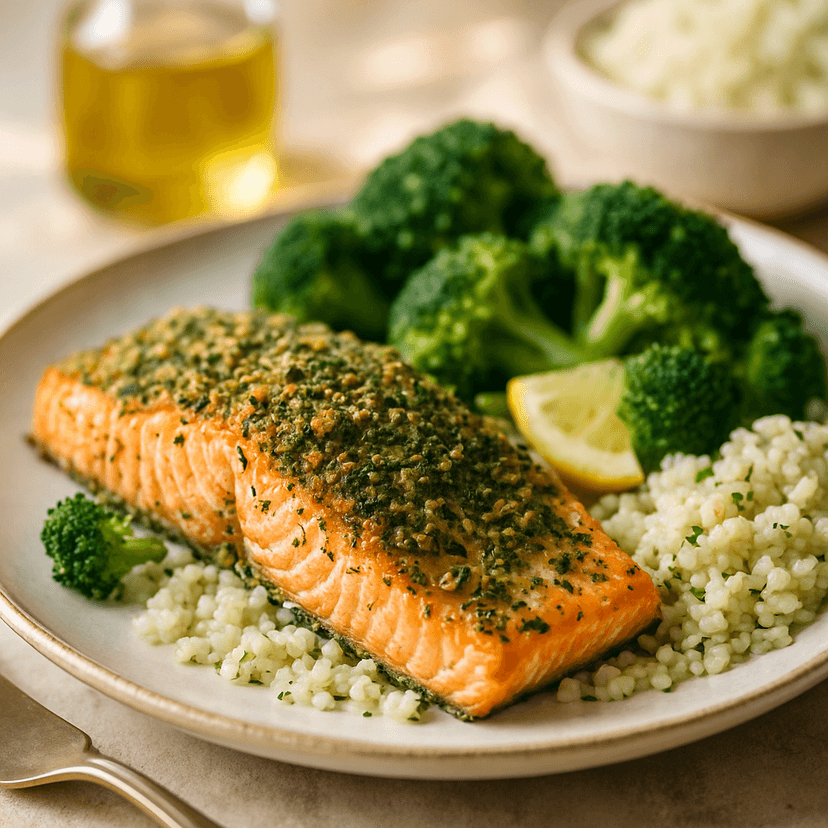 Herb-Crusted Baked Salmon with Veggie Medley