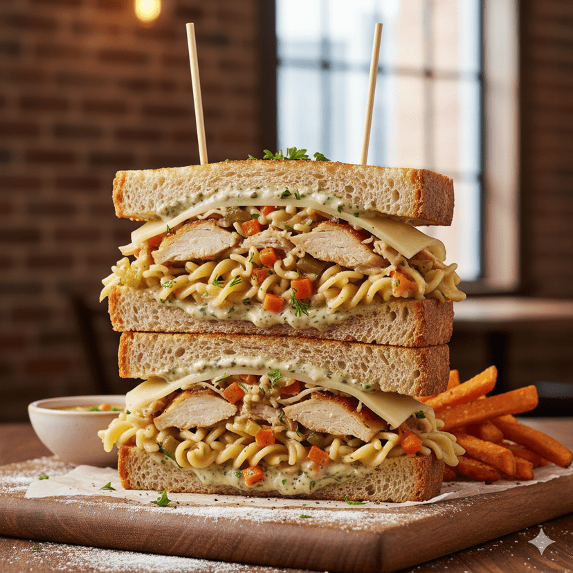 Hearty Chicken Noodle Sandwich Stack