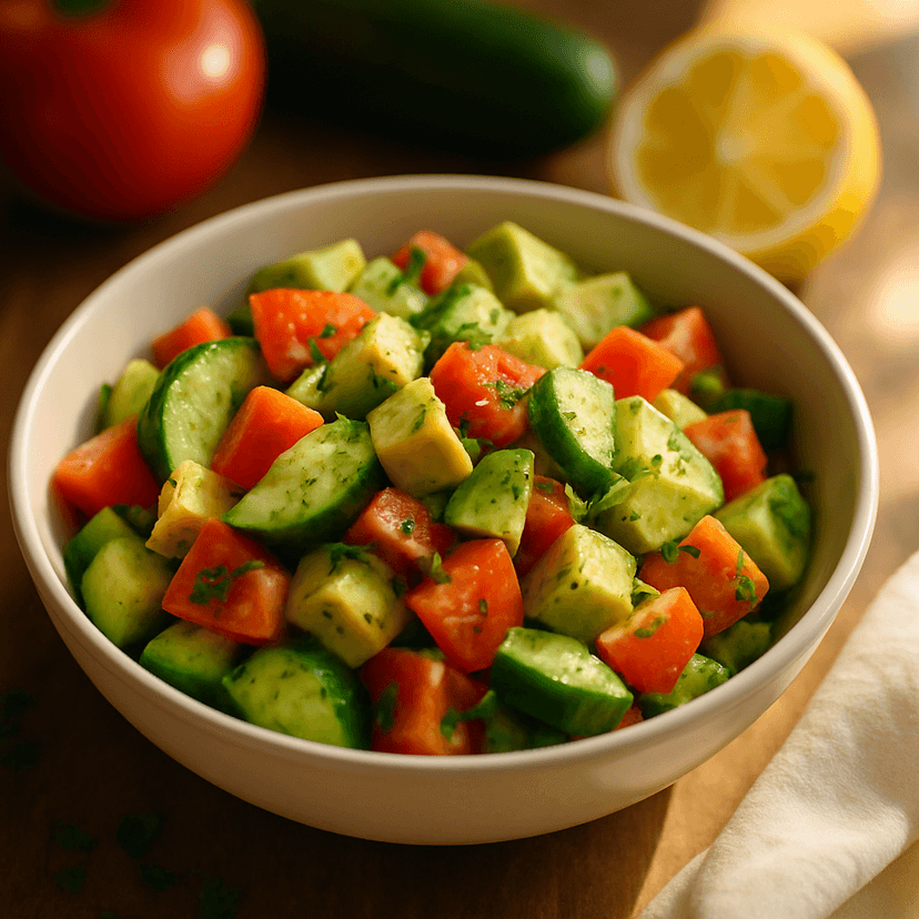 Lemon-Kissed Cucumber Tomato Avocado Salad