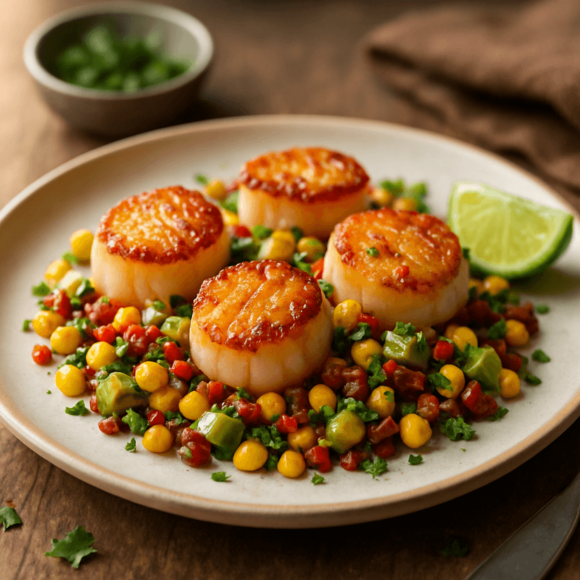 Pan-Seared Scallops with Bacon Corn Avocado Relish