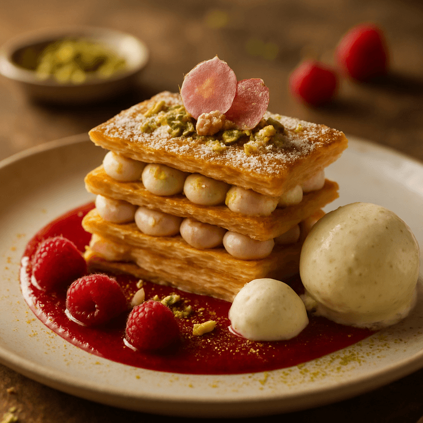 Rose & Pistachio Mille-Feuille with Raspberry Coulis