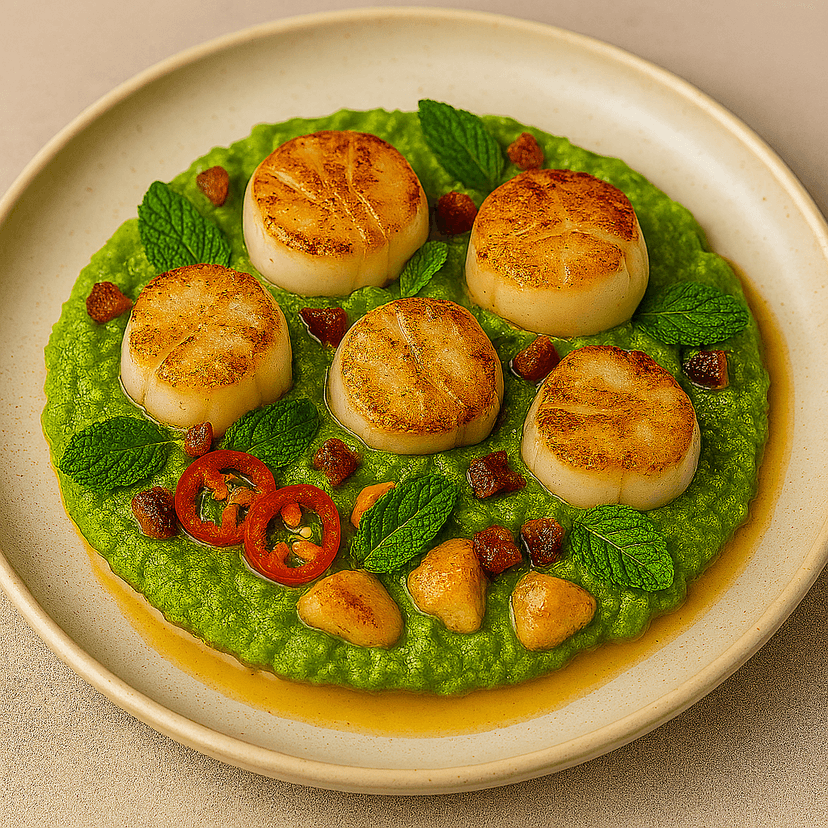 Seared Scallops with Minted Pea Purée and Crispy Bacon