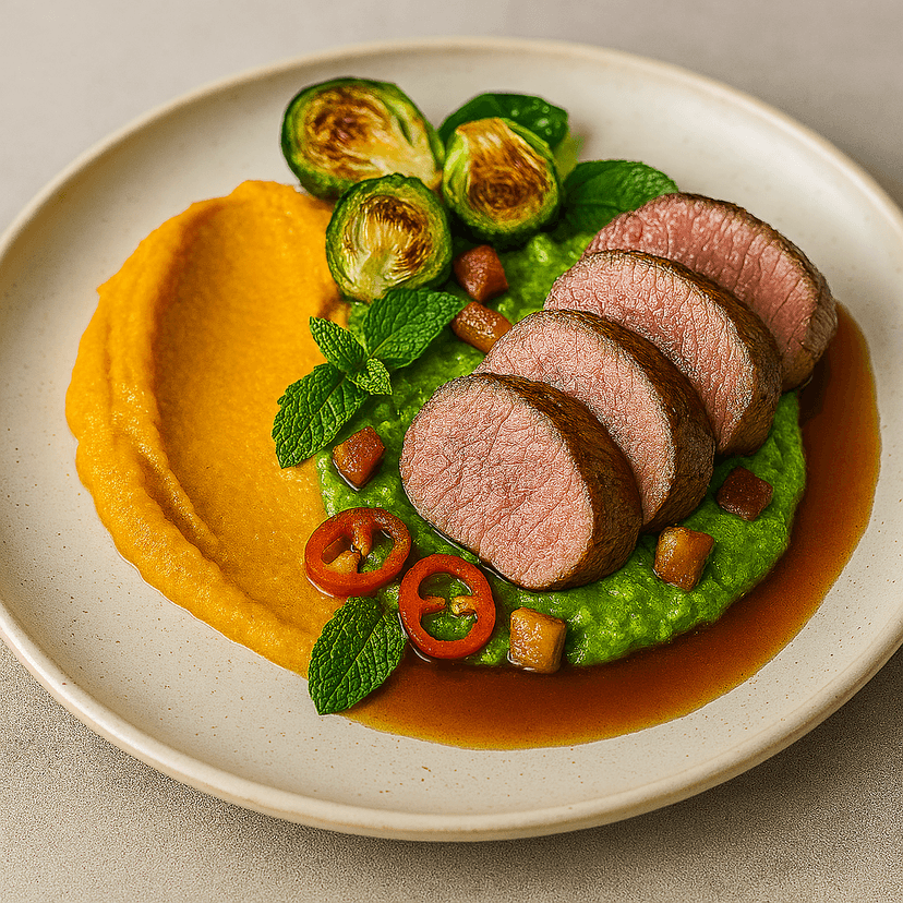 Sautéed Beef Tenderloin with Minted Purées & Chili Garnish