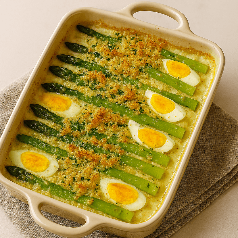 Asparagus & Egg Bake with Miso-Mornay Foam