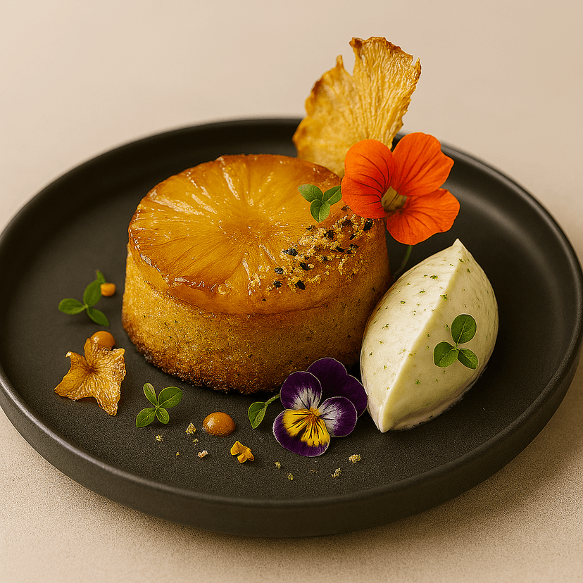 Modernised Pineapple Upside-Down Cake with Coconut Caramel, Sichuan Pepper Crust & Lime Chantilly