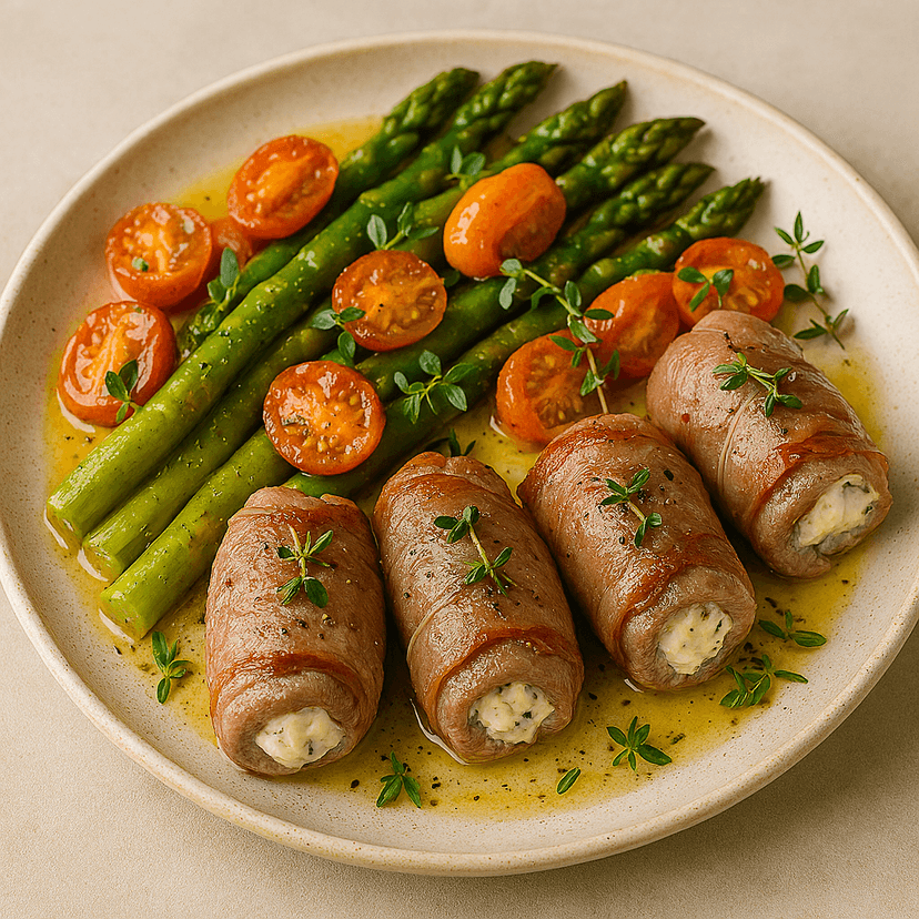 Veal Involtini with Garlic Butter Asparagus & Cherry Tomatoes
