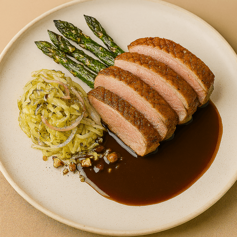 Roast Duck Breast with Bitter Duck Sauce, Hispi Cabbage & Seared Asparagus