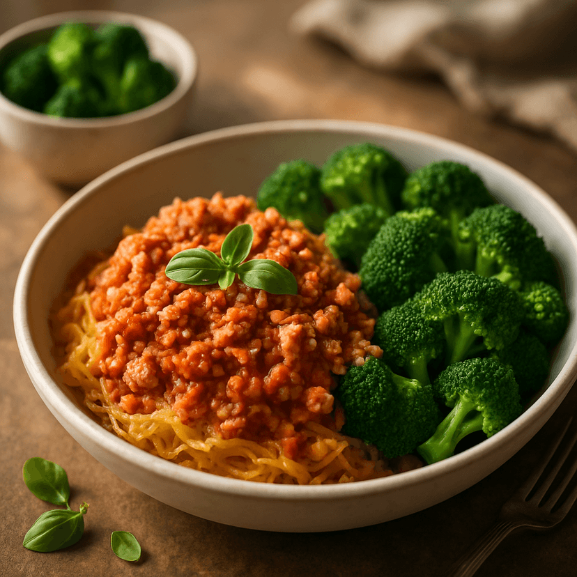 Turkey Spaghetti Squash Skillet with Steamed Broccoli