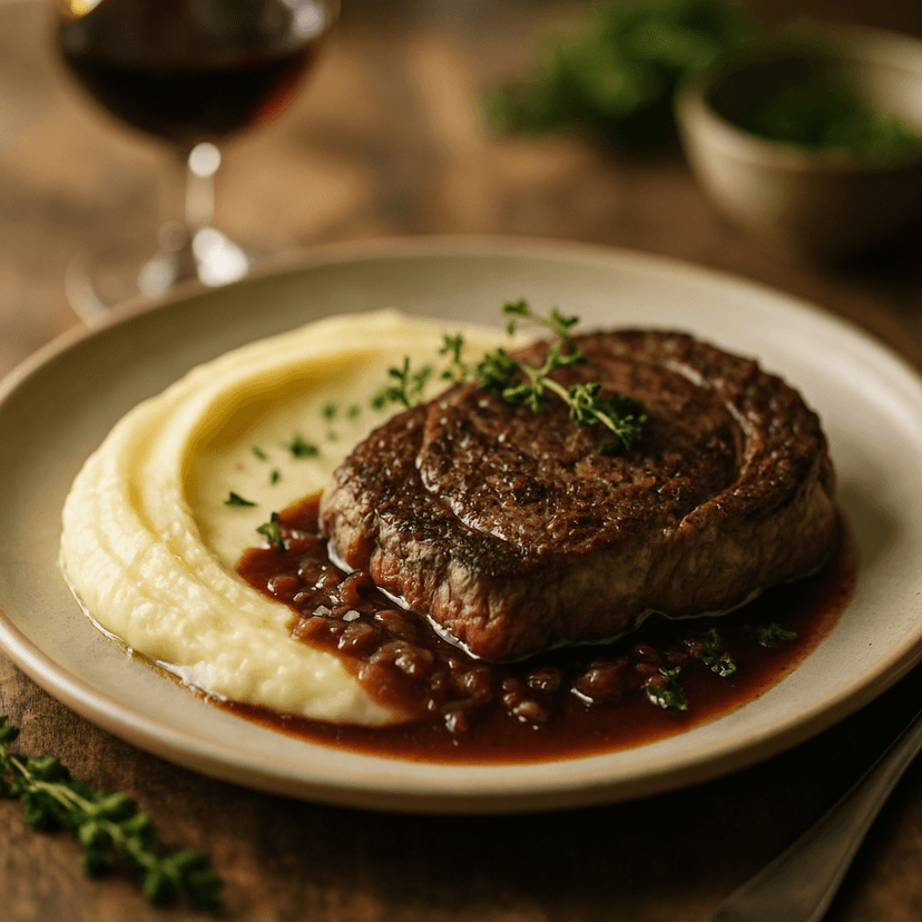 Elegant Ribeye with Silky Mashed Potato Puree and Wine Sauce