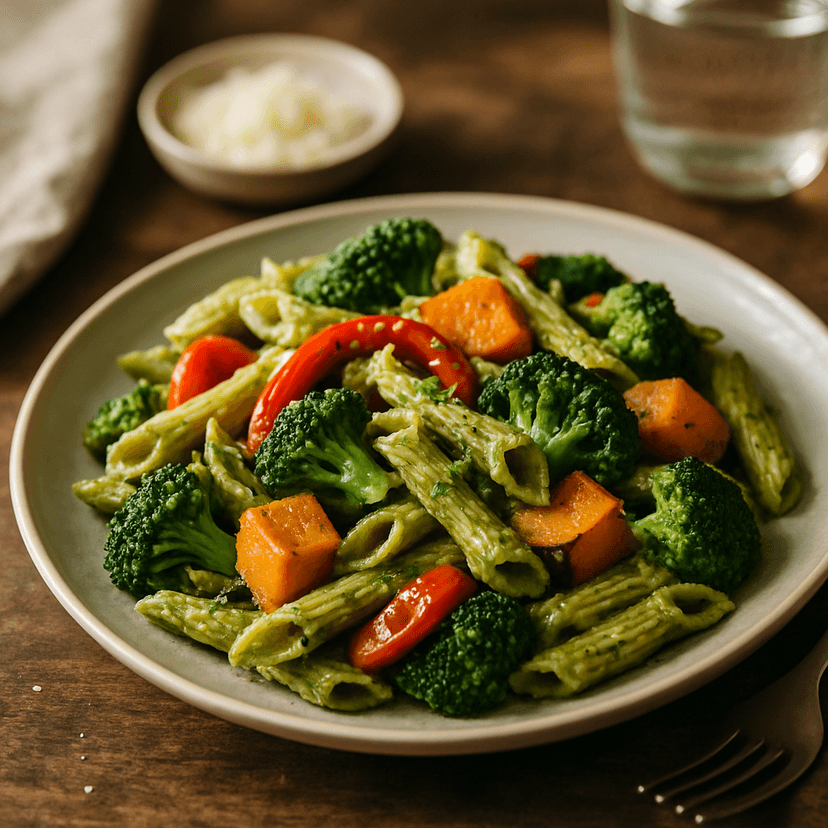 Pesto Pasta with Roasted Veggies and Kabocha