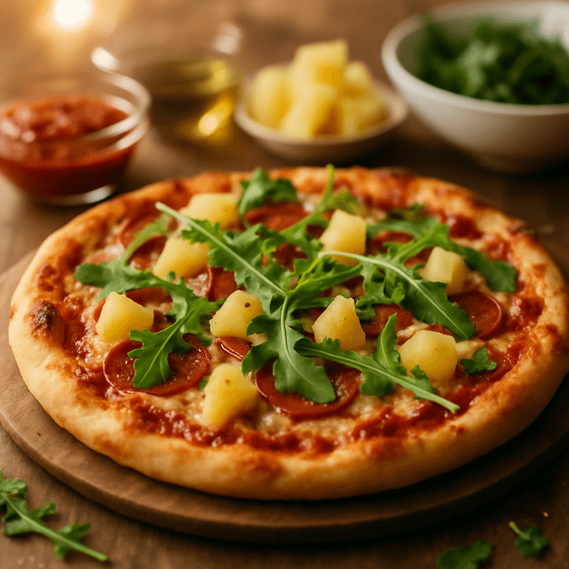 Homemade Pizza with Pineapple and Arugula