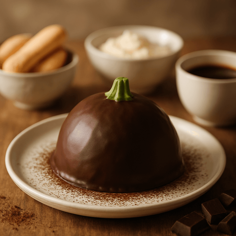 Creamy Eggless Zucchotto Tiramisu Dome with Chocolate Coating