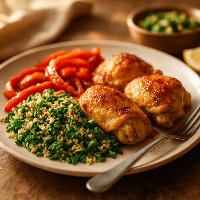 Roasted Chicken with Red Peppers and Quinoa Spinach Salad