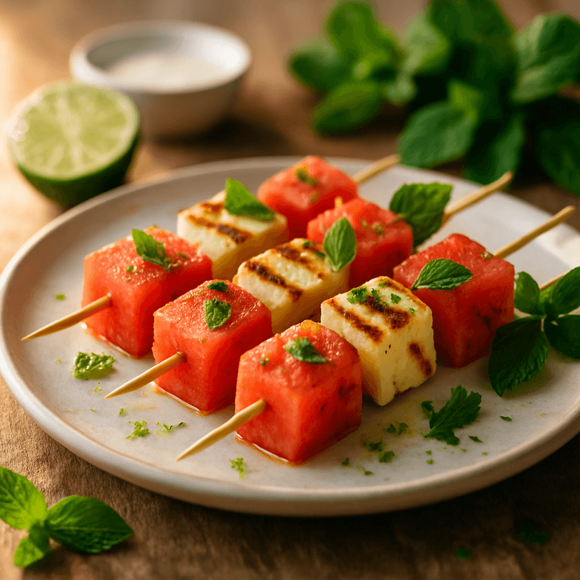 Grilled Halloumi & Watermelon Skewers with Mint-Lime Zest