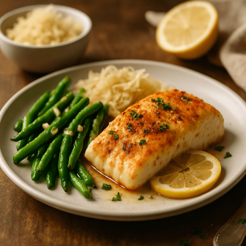 Zesty Baked Cod with Garlic Green Beans and Sauerkraut
