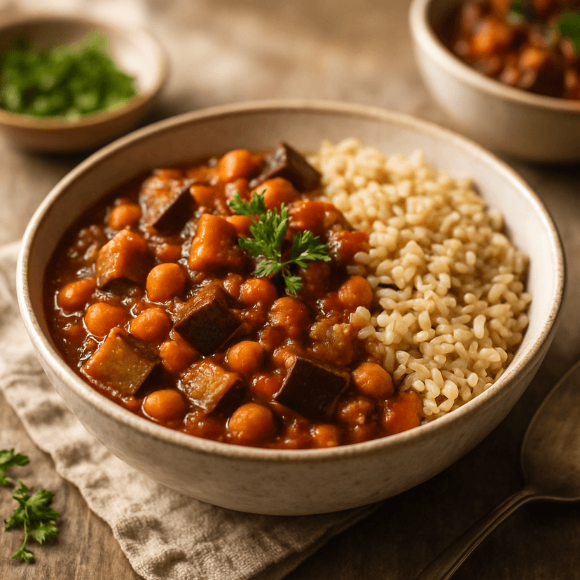 Hearty Eggplant Chickpea Stew with Brown Rice Fiber