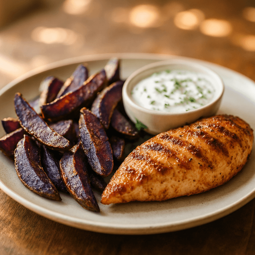 Crispy Air-Fried Purple Potato Wedges with Herb Yogurt Dip and Grilled Chicken