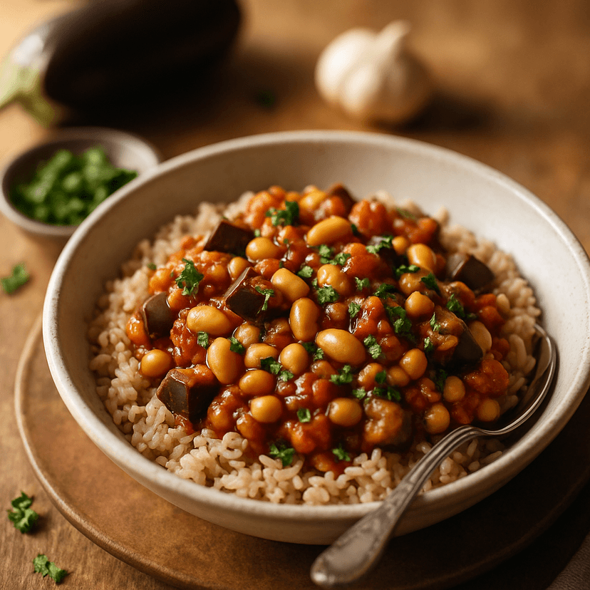 Hearty Eggplant and White Bean Stew with Brown Rice