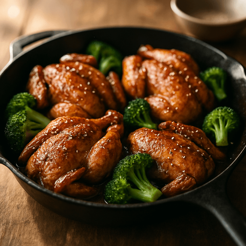 Stove-Skillet Shoyu Garlic Cornish Hen with Broccoli