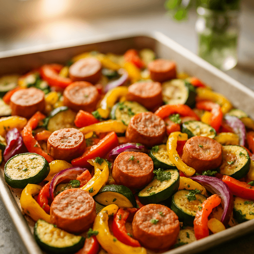 Turkey Sausage Veggie Sheet Pan Bake