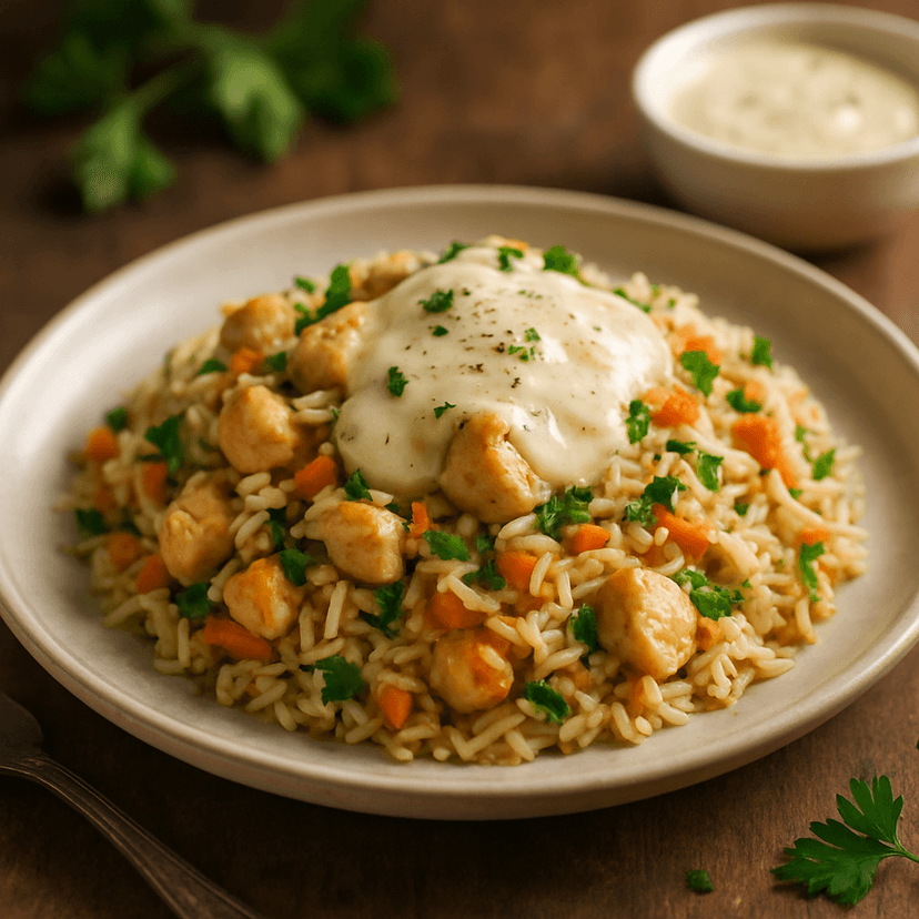 Savory Chicken Pilaf with Creamy Parmesan Sauce
