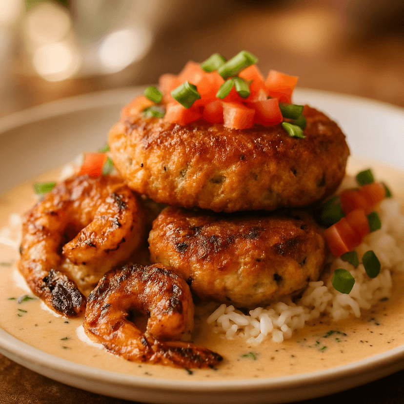 Salmon Croquettes with Bacon-Infused Seafood Wine Sauce