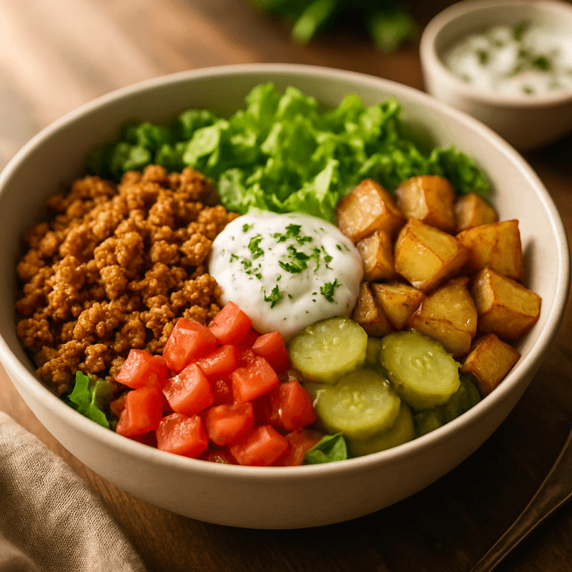 Savory Crumbled Turkey Burger Bowl with Yogurt Sauce
