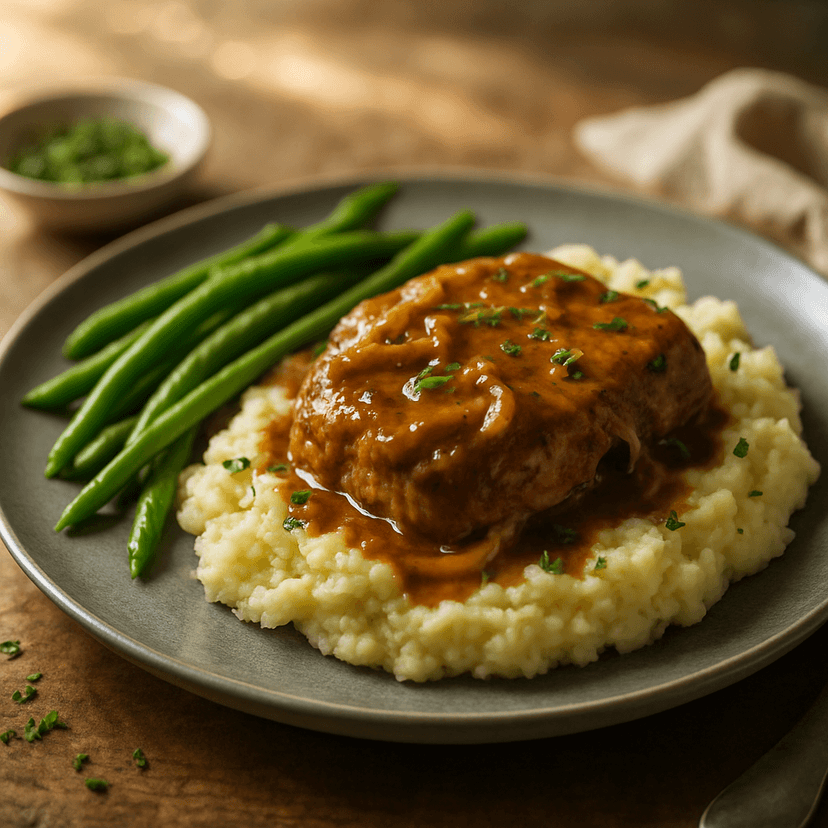 Savory Smothered Pork with Garlic Mash & Green Beans