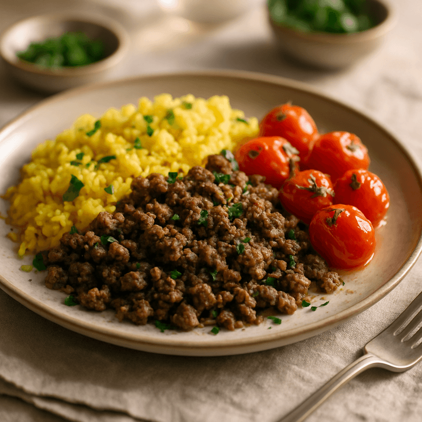 Peppered Lamb with Turmeric Rice and Blistered Tomatoes