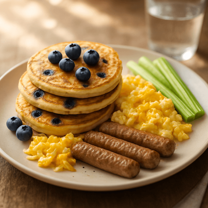 Hearty Morning Platter with Blueberry Pancakes