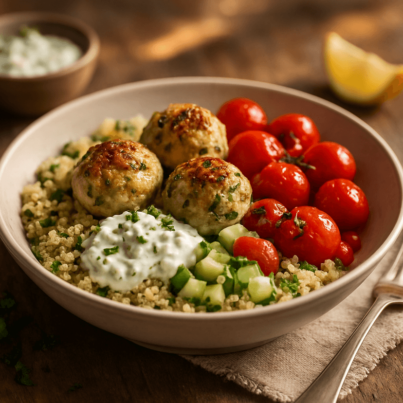 Mediterranean Feta Spinach Chicken Meatball Bowl