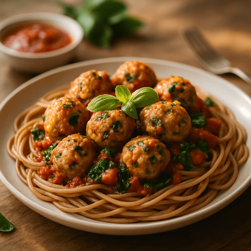 Spinach & Feta Chicken Meatballs with Wheat Pasta image
