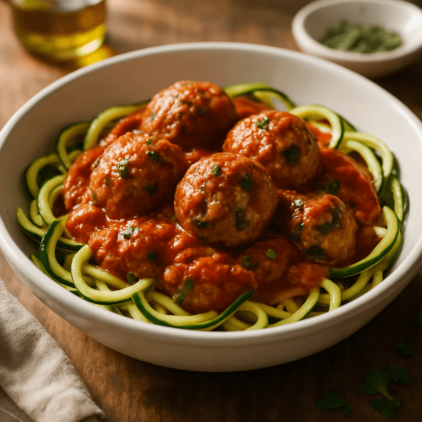 Spinach Feta Chicken Meatballs with Zucchini Noodles