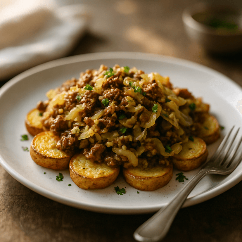 Hearty Beef and Cabbage on Roasted Potatoes
