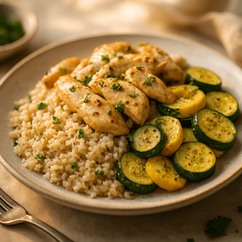 Garlic Chicken Scampi with Parmesan Rice & Roasted Squash