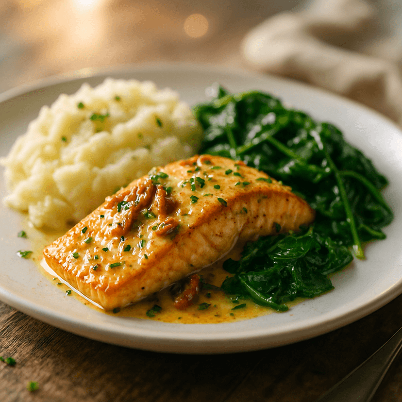 Tuscan Salmon with Mashed Potatoes and Spinach