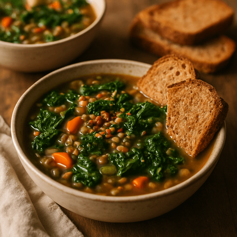 Rustic Lentil and Kale Soup with Toasted Wheat Bread
