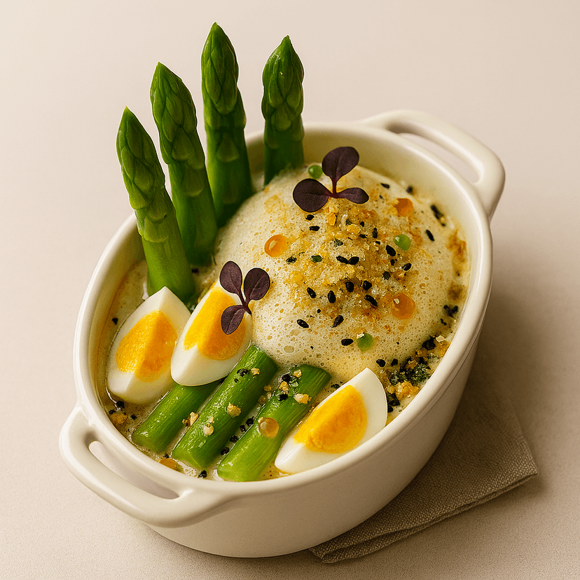 Asparagus & Egg Bake with Miso-Mornay Foam
