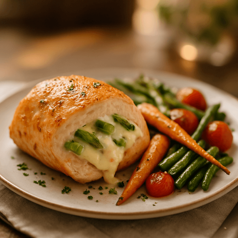 Asparagus Mornay Stuffed Chicken with Veggies