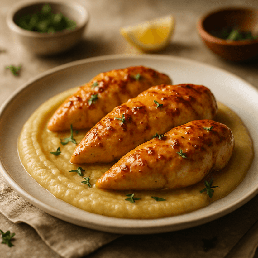 Honey Mustard Chicken Bake with Fennel Pear Purée
