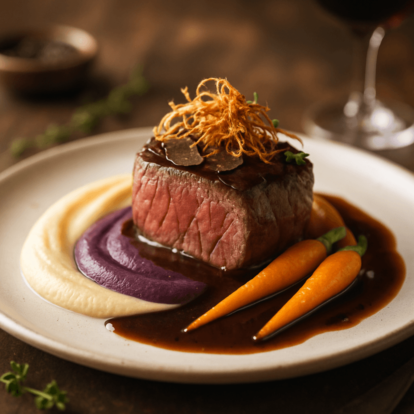 Sous-Vide Wagyu Tenderloin with Truffle Jus & Crispy Shallot Lace