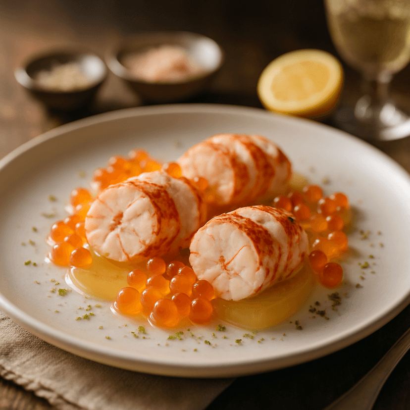 Lobster Medallions with Champagne Gelée & Citrus Pearls